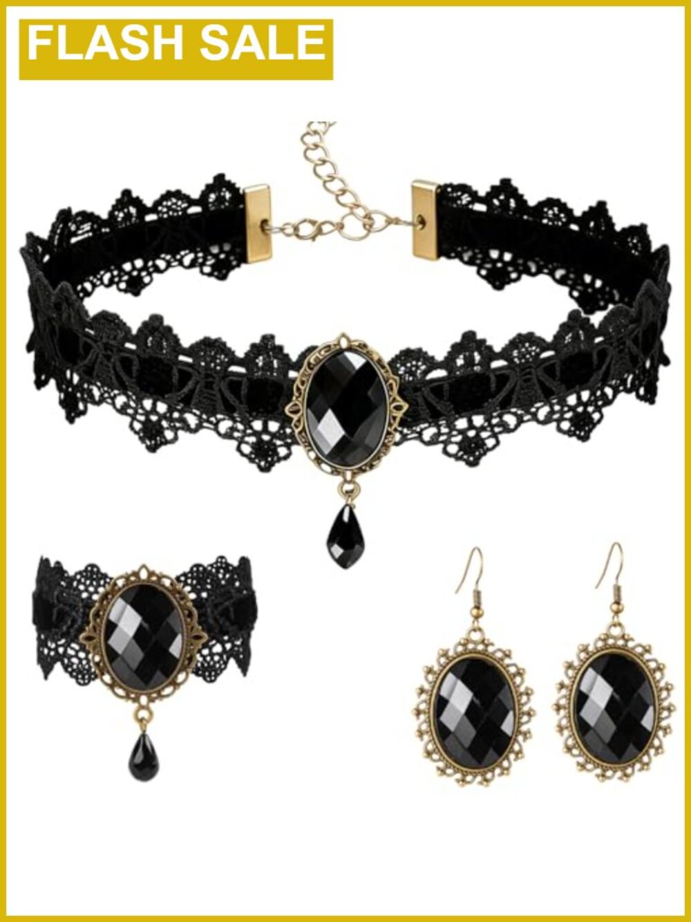 Women's Lace Choker Necklace Bracelet Earrings Set Gothic Victorian Style